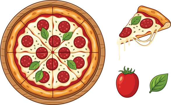 Italian Pepperoni Pizza Vector Set with Sliced Whole Pizza on Wooden Board, Melted Cheese Pull Slice, Fresh Tomato, and Basil Leaf Clipart