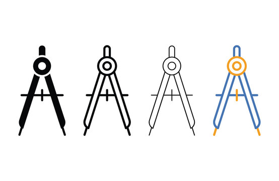 Set of four different colored drafting compasses with transparent background