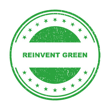 Green circular rubber stamp with the text reinvent green and stars