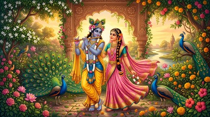 Fototapeta premium Radha and krishna pictures a vibrant hindu mythology scene with peacocks and floral garden
