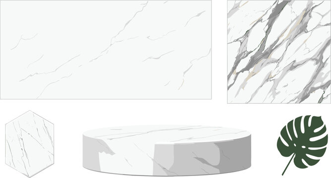 Luxury White Marble Texture Background Vector Set with Round Display Podium, Hexagonal Tile Pattern, Carrara Stone Veins, and Monstera Tropical Leaf