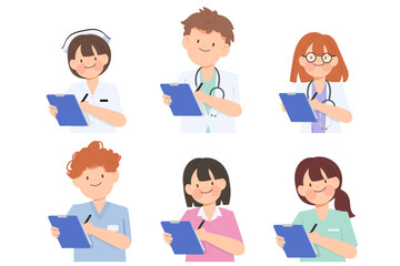 Fototapeta premium Set of medical professionals with clipboards in flat vector style.