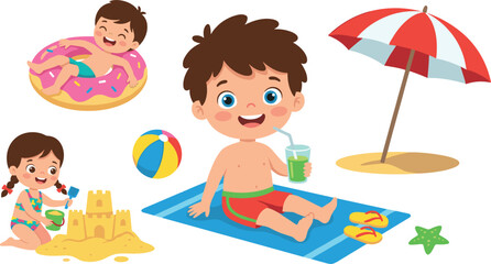 Cute Summer Beach Vacation Kids Vector Set with Boy on Towel Drinking Juice Girl Building Sandcastle Pool Floating Ring and Umbrella Assets