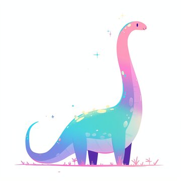 Pastel dinosaur illustration with a long neck standing in a field. Cute diplodocus character in a minimalist art style. Creative graphic design for children book or nursery decoration.