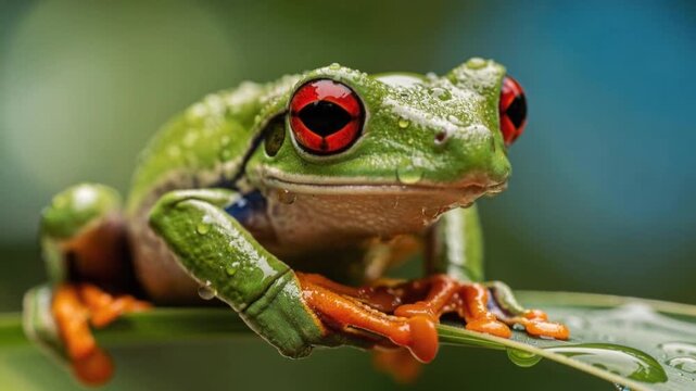 Close up of vibrant red eyed tree frog on green leaf with water droplets in natural habitat
