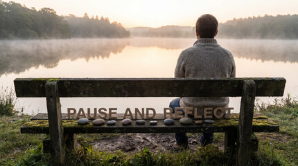 Obraz premium Man sitting on a bench overlooking a foggy lake at sunrise, contemplating with wooden letters spelling pause and reflect