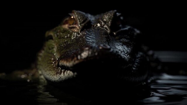 Close up of alligator partially submerged in dark water with focused eyes and textured skin