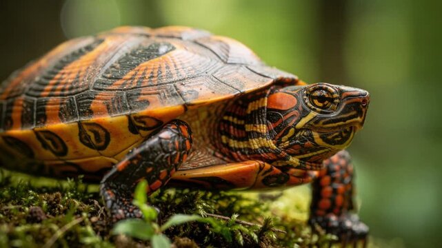 Close up of a colorful turtle on green moss in natural outdoor environment with blurred background