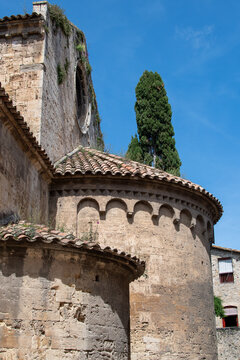 Fa&ccedil;ade of the Romanesque Church of Sant Vicen&ccedil; in Besal&uacute;, Spain