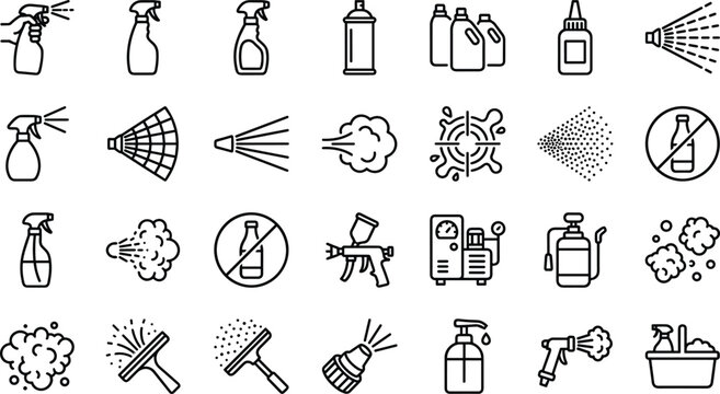 Spray bottle and household cleaning chemical icon set with window squeegee aerosol container sanitizer outline vector