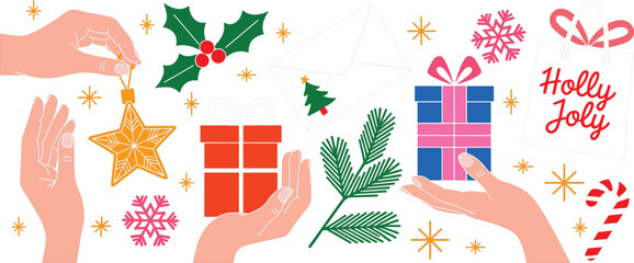 Christmas holiday elements set with human hands holding gift boxes star ornament holly berry flat vector illustration © MDSabbir