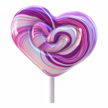 Realistic Heart Shaped Pink Purple Swirl Lollipop Candy Isolated on Transparent Background