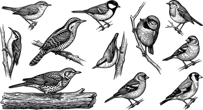 Vintage Songbird and Woodpecker Engraving Style Vector Set with Wild Birds Perched on Branches and Logs for Ornithology Graphic Design Assets
