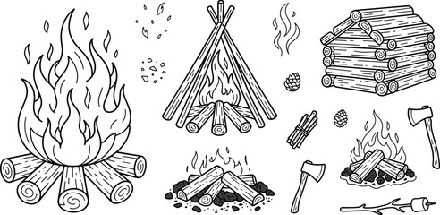 Campfire bonfire firewood logs axe and marshmallow stick doodle vector outline set for camping theme illustration © MstLaky