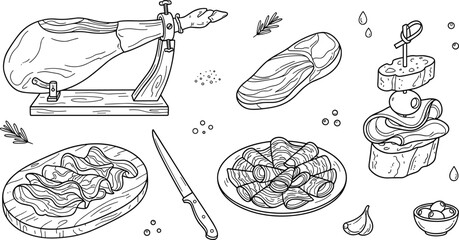 Spanish jamon serrano prosciutto ham stand cutting knife tapas and gourmet meat platter vector outline set