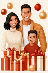 Fototapeta premium Happy family celebrating Christmas with wrapped gifts and festive ornaments in a cozy portrait