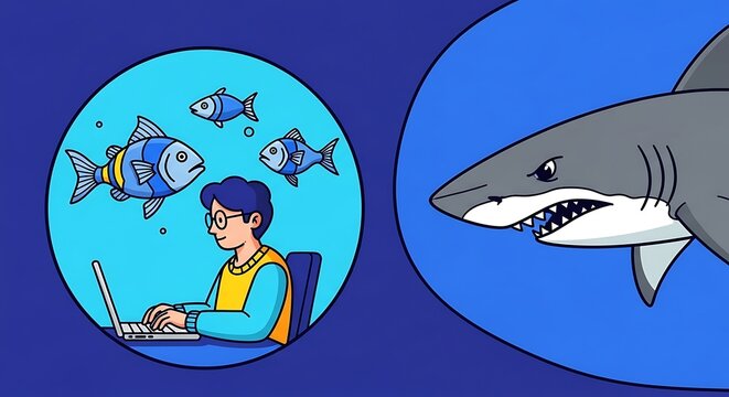 Person using laptop with small fish, unaware of shark threat