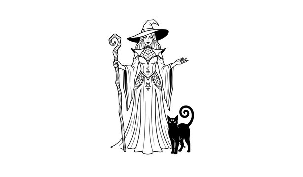 Gothic witch with black cat companion line art