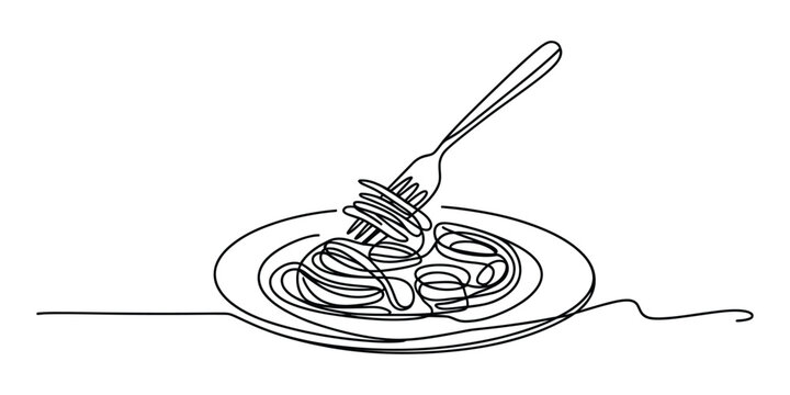 Continuous line drawing of a plate of spaghetti and a fork