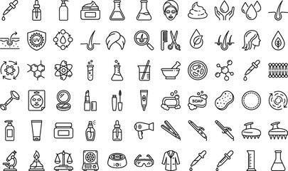 Naklejka premium Cosmetic science and dermatology icon set with skincare bottles laboratory flasks hair treatment makeup outline vector