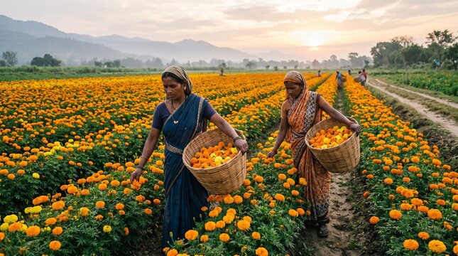 Traditional Marigold Flower Harvest in Vibrant Sunrise Agricultural Fields