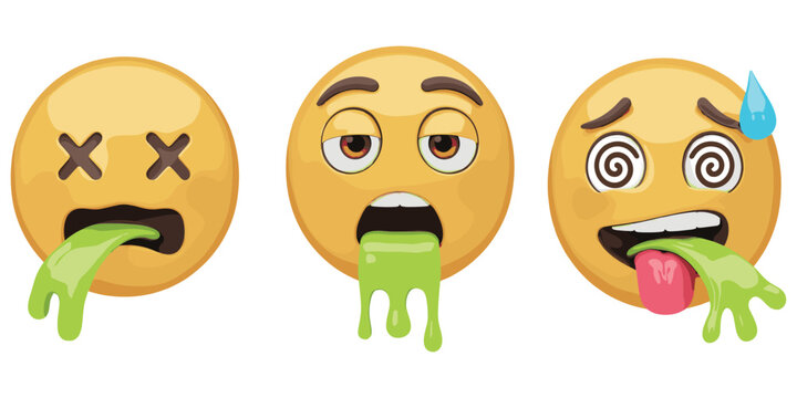 Cartoon sick emoji faces, vomiting emoticon icons, nausea reaction graphics, disgust expression symbols, funny gross cartoon artwork, flat vector illustration