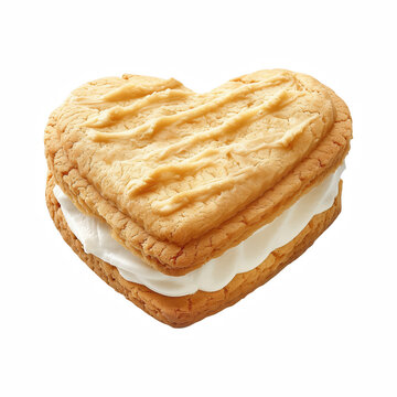 Realistic Heart Shaped Sandwich Cookie with Vanilla Cream Isolated on Transparent Background