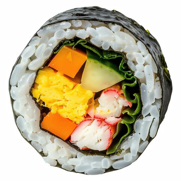 Realistic Sushi Roll Cross Section with Rice Seaweed Vegetables and Crab Isolated on Transparent Background