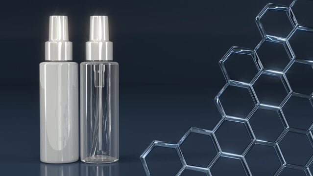 Mockups of transparent and white cosmetic spray bottles against a dark blue background with a hexagonal graphic overlay. 3d illustration