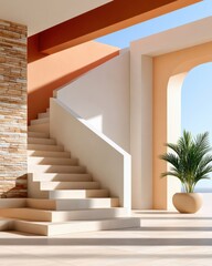 Obraz premium Minimal Mediterranean-style architectural staircase with warm sunlight, terracotta walls and potted palm