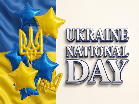 Ukraine National Day greeting card with golden trident symbol and blue yellow star balloons