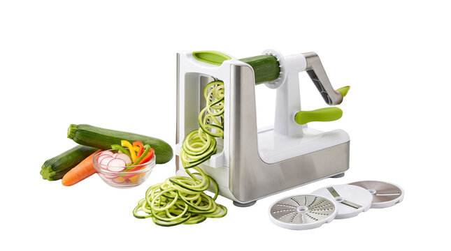 Vegetable Spiralizer in Action: A modern vegetable spiralizer effortlessly transforms a zucchini into a mound of healthy, spiral-cut noodles, surrounded by fresh ingredients.