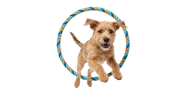 Agile Dog Jumps Through Hoop: A small, scruffy terrier-mix dog leaps through a colorful rope hoop with an enthusiastic expression, showcasing agility and playfulness.