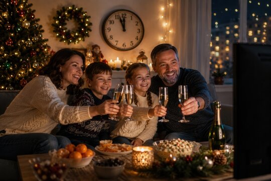 Familie st&ouml;&szlig;t beim TV-Countdown auf das neue Jahr an. Wohnzimmer mit Uhr kurz vor Mitternacht, Sekt, Mandarinen und Salat &ndash; typische Stimmung eines russischen Silvesterabends.
