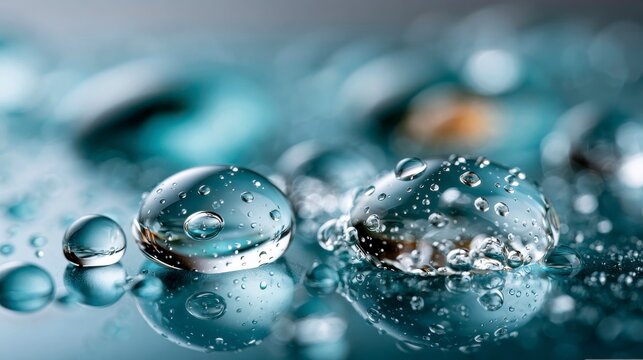 Close-up of transparent water droplets on a smooth reflective surface, showcasing light refraction and delicate reflections.