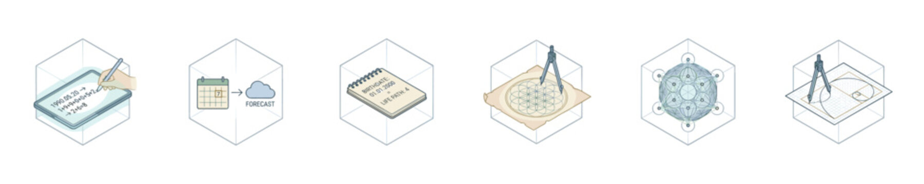 Numerology and sacred geometry concepts illustrated in isometric cubes
