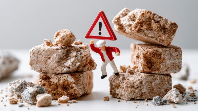 A miniature figure holds a warning sign while climbing between stacked chunks of crumbly brown rock or soil on a neutral background.