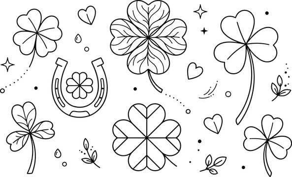 Four leaf clover shamrock and horseshoe good luck vector outline element set for Saint Patrick day