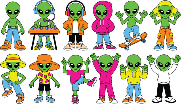 Cute cartoon green alien character sticker set with various fashion outfits skateboarding djing posing on white background