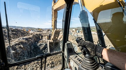 Fototapeta premium Excavator operator working on construction site. Man controlling heavy machinery in cabin. Industrial development project with earthmoving equipment for digging ground.