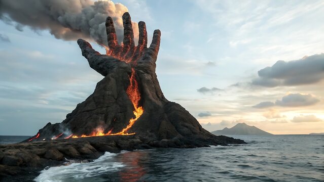 Dramatic volcanic island resembling an open hand with glowing lava and steam during sunset lava flow