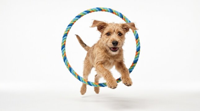 Agile Canine Acrobat: A playful terrier mix puppy leaps through a colorful hoop, captured in mid-air with pure exuberance and agility. This image radiates fun and the joyous spirit of pet training.