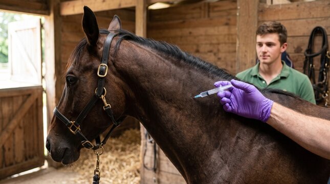 Veterinarian vaccinating horse in wooden stable. Medical professional injecting medicine into animal neck. Equine health care and disease prevention.