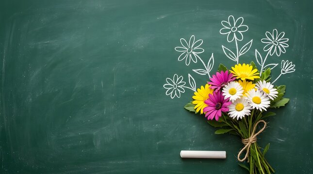 Spring flower bouquet sketch on dark green chalkboard for teacher's day