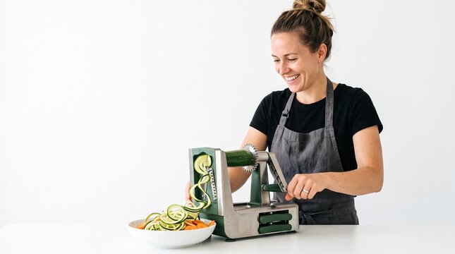 Kitchen Creation: A smiling woman joyfully uses a spiralizer to prepare healthy zucchini noodles, showcasing a delightful cooking experience.