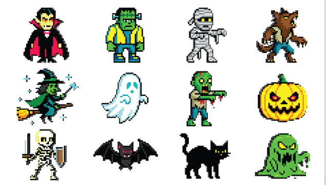 Mega Retro 8 Bit Pixel Art Halloween Characters Vector Set, Arcade Game Pixelated Monster Clipart Sheet Isolated on White Background