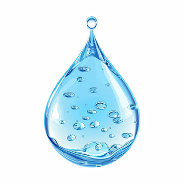 Realistic Transparent Blue Water Droplet with Bubbles Isolated on Transparent Background