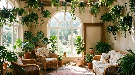 Obraz premium Relaxing in a sunlit plant filled sunroom with wicker furniture and greenery