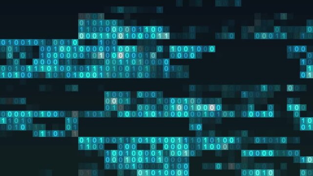 バイナリーコードが画面に表示されている破損したデータ風の背景素材／A corrupted data-style background featuring binary code displayed across the screen