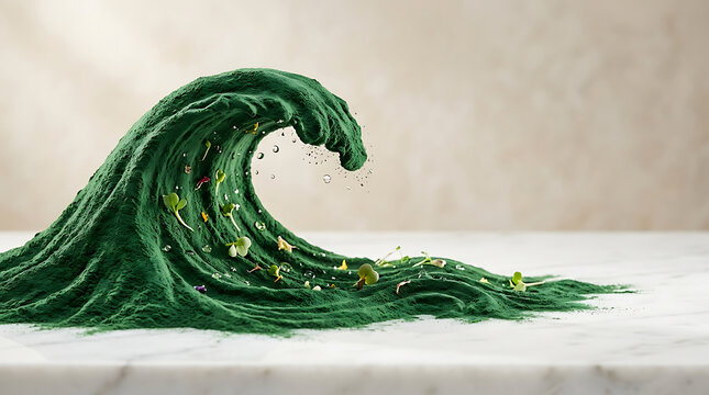Vibrant green spirulina powder shaped into a crashing ocean wave with tiny fresh sprouts and water droplets on marble surface